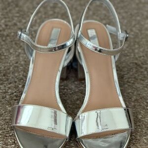 Metallic Silver Slingback Block Heel Sandals